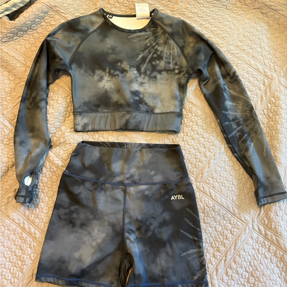 AYBL Black Gray Tie-Dye Cropped Long Sleeve Top & High-Waist Shorts Set